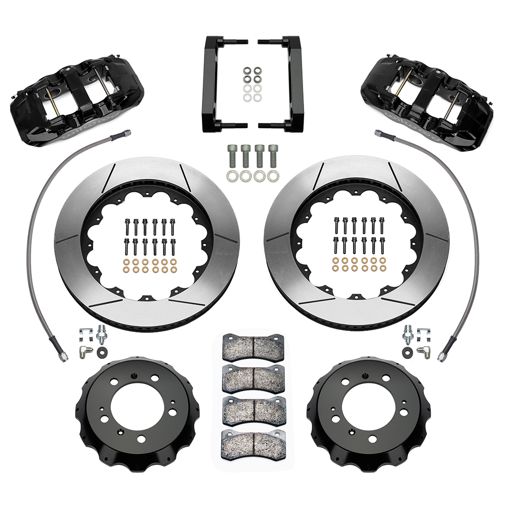 Wilwood AERO6 Big Brake Front Brake Kit Parts Laid Out - Black Powder Coat Caliper - GT Slotted Rotor