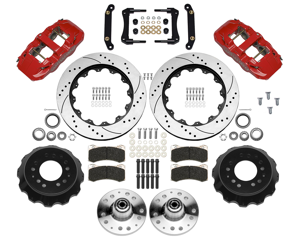 Wilwood AERO6 Big Brake Front Brake Kit Parts Laid Out - Red Powder Coat Caliper - SRP Drilled & Slotted Rotor