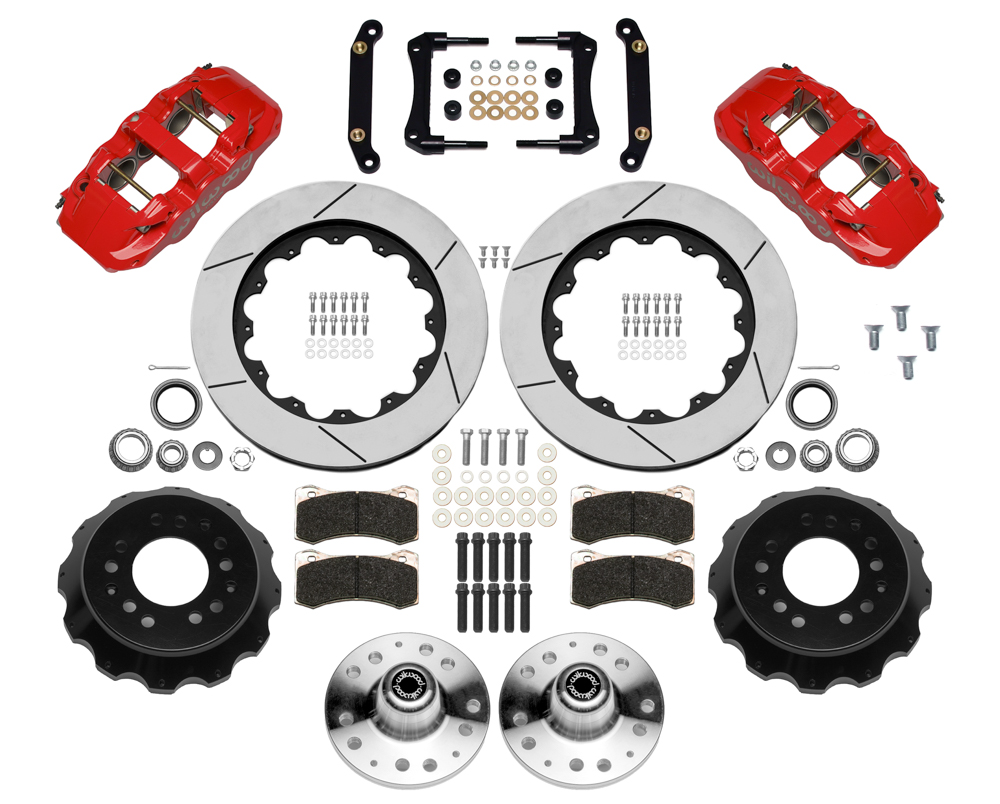 Wilwood AERO6 Big Brake Front Brake Kit Parts Laid Out - Red Powder Coat Caliper - GT Slotted Rotor