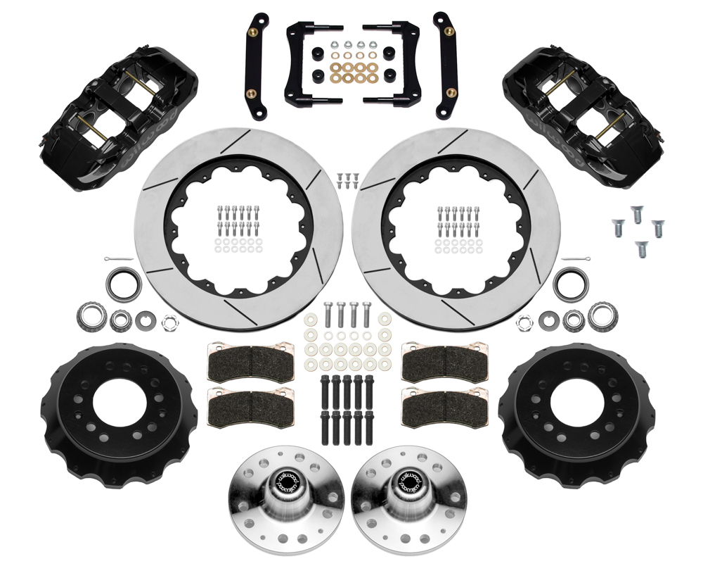 Wilwood AERO6 Big Brake Front Brake Kit Parts Laid Out - Black Powder Coat Caliper - GT Slotted Rotor