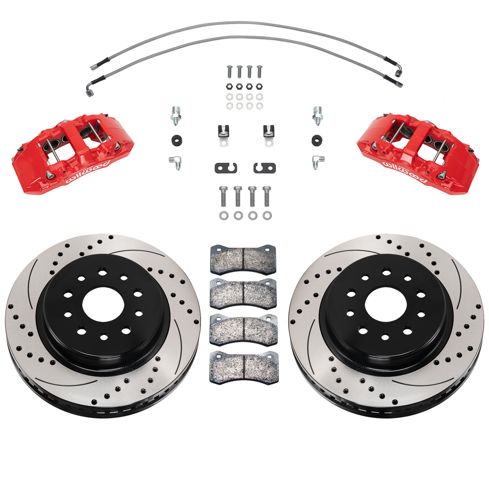 Wilwood AERO6-DM Direct-Mount Truck Front Brake Kit Parts Laid Out - Red Powder Coat Caliper - SRP Drilled & Slotted Rotor