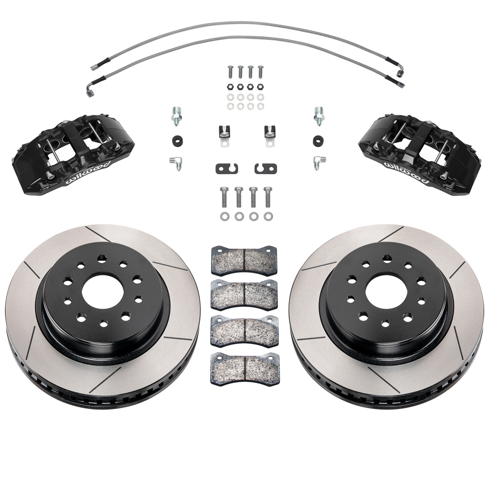 Wilwood AERO6-DM Direct-Mount Truck Front Brake Kit Parts Laid Out - Black Powder Coat Caliper - GT Slotted Rotor