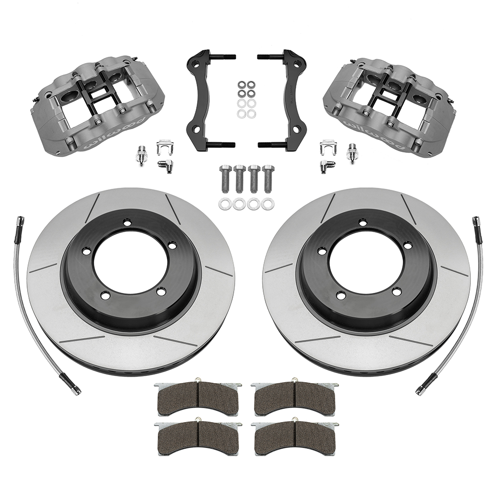 Wilwood GN6R Big Brake Truck Front Brake Kit Parts Laid Out - Type III Anodize Caliper - GT Slotted Rotor