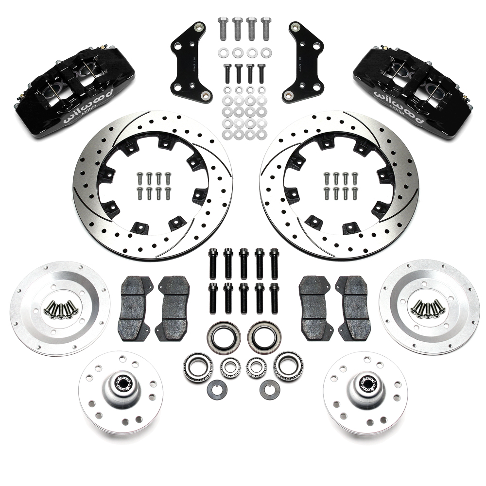 Wilwood Forged Dynapro 6 Big Brake Front Brake Kit (Hub) Parts Laid Out - Black Powder Coat Caliper - SRP Drilled & Slotted Rotor