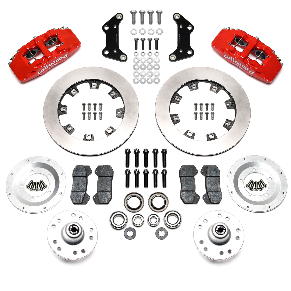 Wilwood Forged Dynapro 6 Big Brake Front Brake Kit (Hub) Parts Laid Out - Red Powder Coat Caliper - Plain Face Rotor