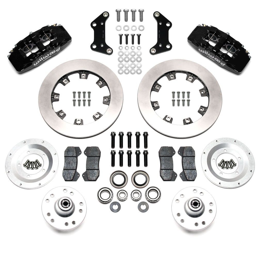 Wilwood Forged Dynapro 6 Big Brake Front Brake Kit (Hub) Parts Laid Out - Black Powder Coat Caliper - Plain Face Rotor