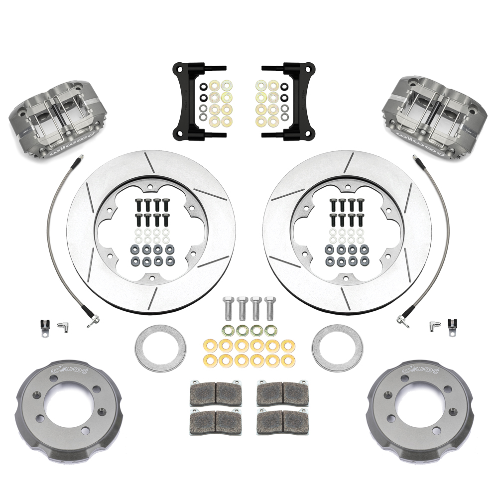 Wilwood Forged Narrow Dynapro Big Brake Front Brake Kit (Race) Parts Laid Out - Type III Anodize Caliper - GT Slotted Rotor