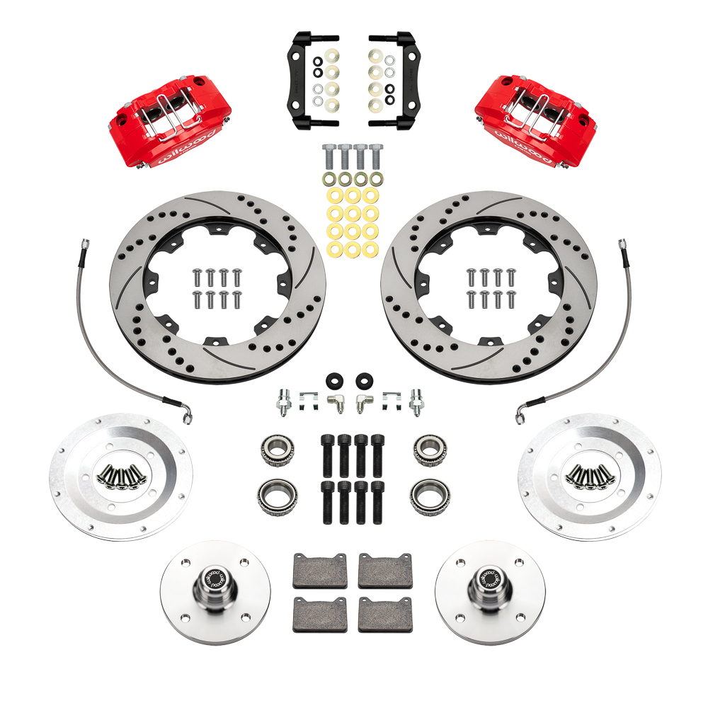 Wilwood Powerlite Front Brake Kit Parts Laid Out - Red Powder Coat Caliper - SRP Drilled & Slotted Rotor