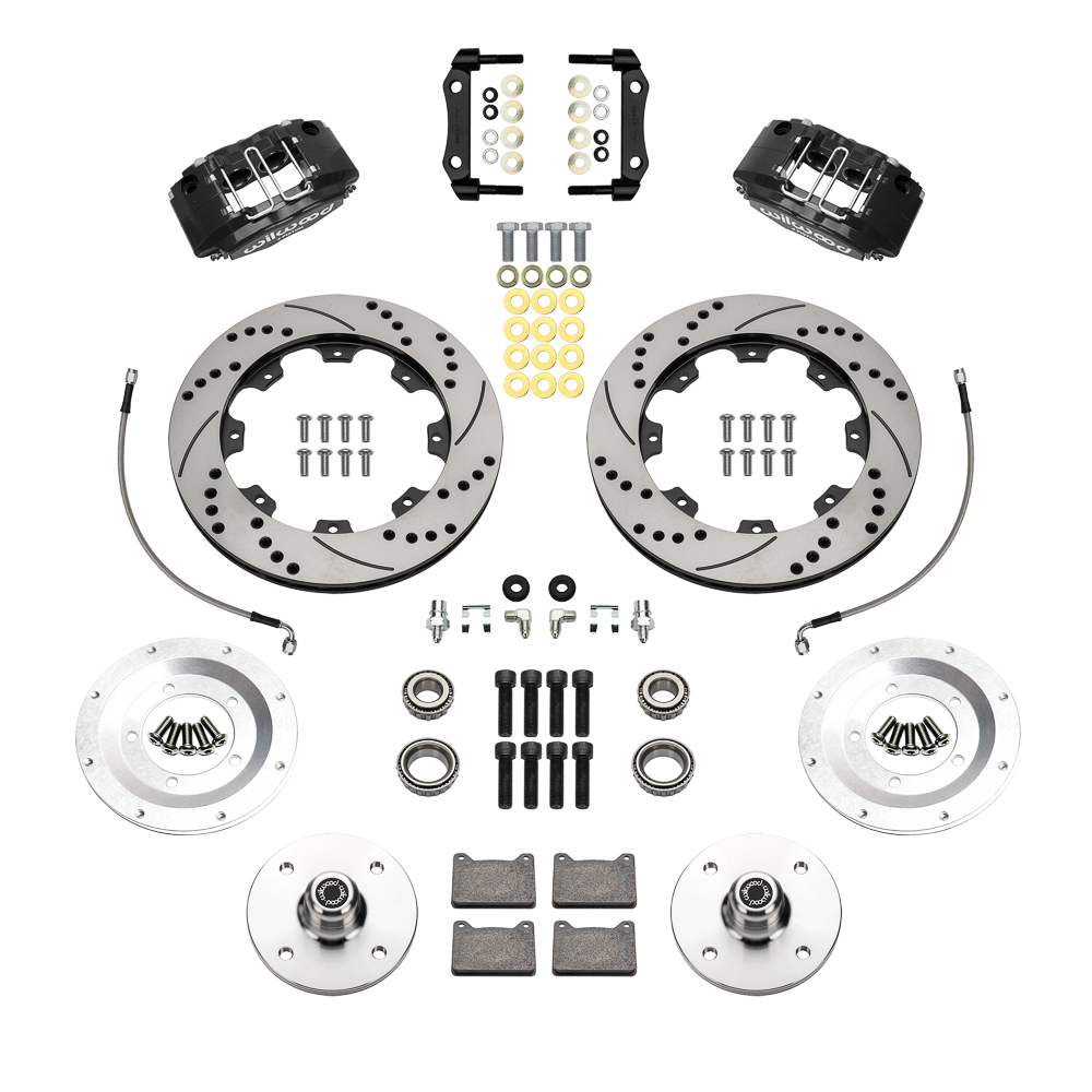 Wilwood Powerlite Front Brake Kit Parts Laid Out - Black Powder Coat Caliper - SRP Drilled & Slotted Rotor