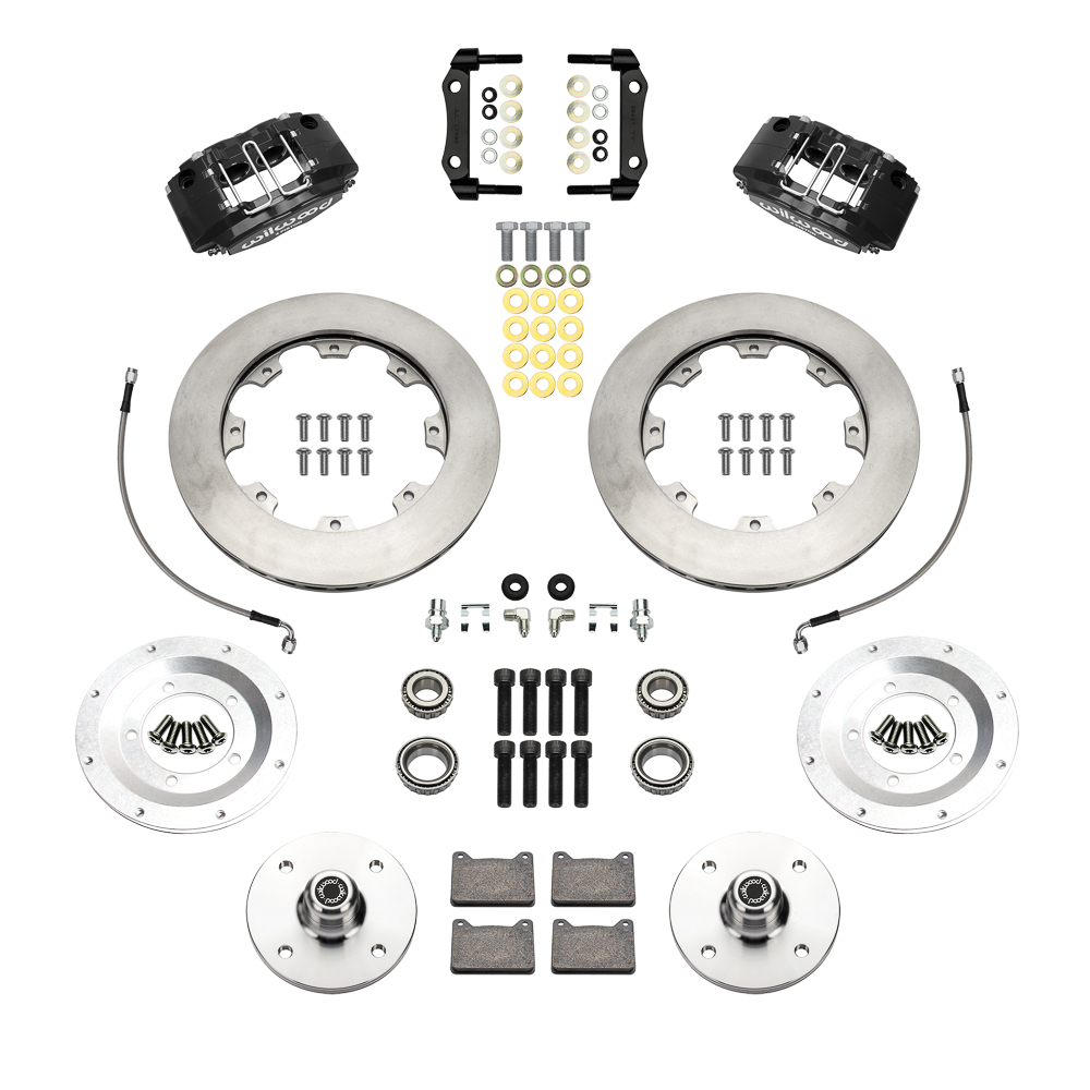 Wilwood Powerlite Front Brake Kit Parts Laid Out - Black Powder Coat Caliper - GT Slotted Rotor