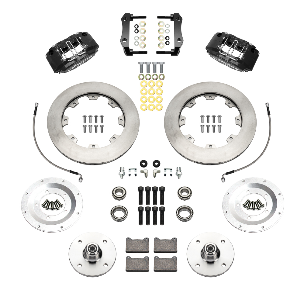 Wilwood Powerlite Front Brake Kit Parts Laid Out - Black Powder Coat Caliper - GT Slotted Rotor