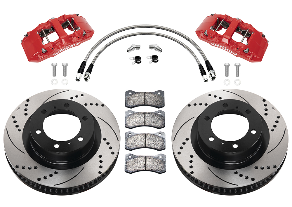 Wilwood AERO6-DM Direct-Mount Truck Front Brake Kit Parts Laid Out - Red Powder Coat Caliper - SRP Drilled & Slotted Rotor