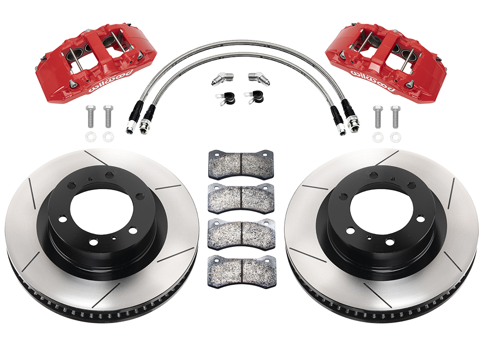 Wilwood AERO6-DM Direct-Mount Truck Front Brake Kit Parts Laid Out - Red Powder Coat Caliper - GT Slotted Rotor