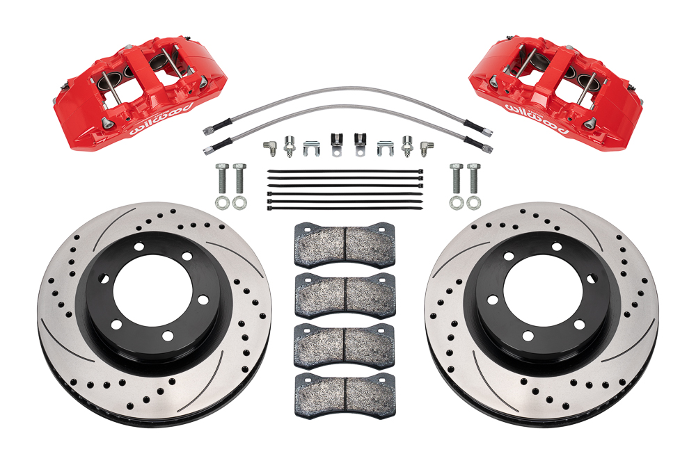 Wilwood AERO6-DM Direct-Mount Truck Front Brake Kit Parts Laid Out - Red Powder Coat Caliper - SRP Drilled & Slotted Rotor