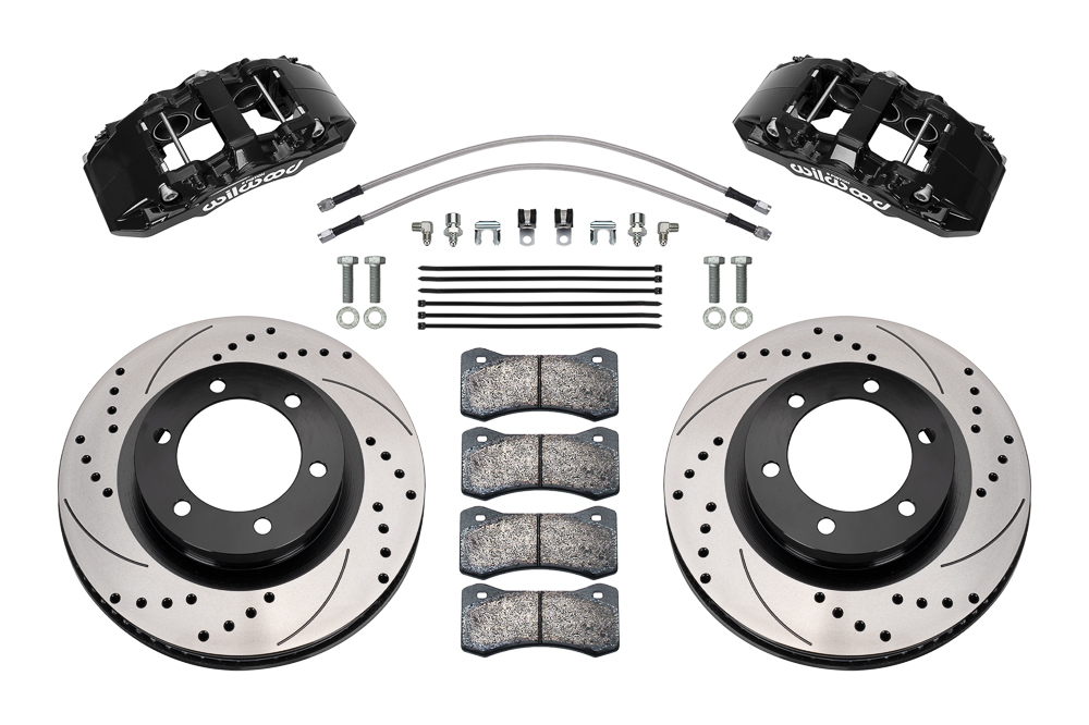 Wilwood AERO6-DM Direct-Mount Truck Front Brake Kit Parts Laid Out - Black Powder Coat Caliper - SRP Drilled & Slotted Rotor