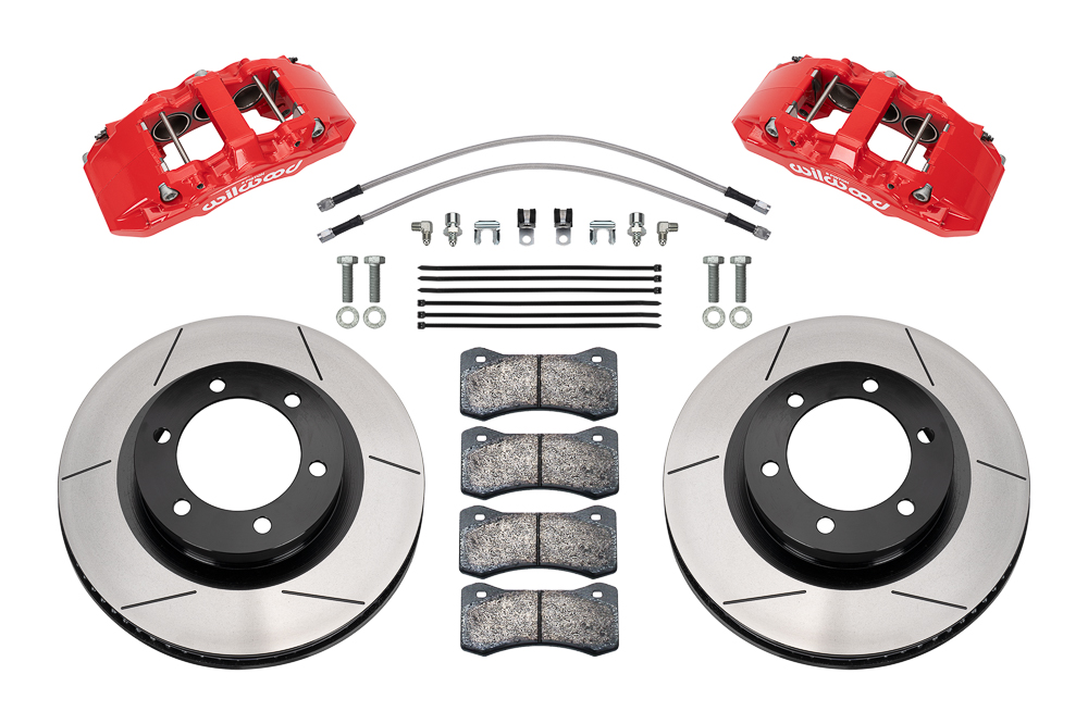 Wilwood AERO6-DM Direct-Mount Truck Front Brake Kit Parts Laid Out - Red Powder Coat Caliper - GT Slotted Rotor