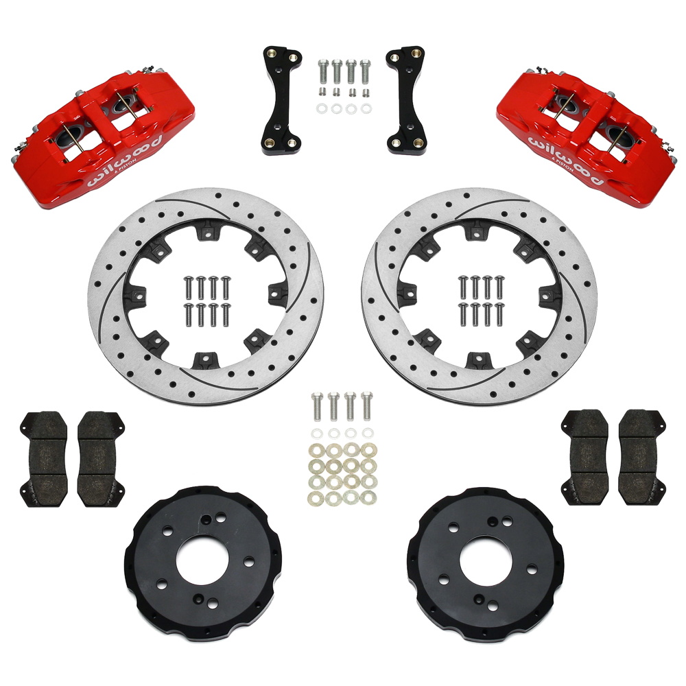 Wilwood Forged Dynapro 6 Big Brake Front Brake Kit (Hat) Parts Laid Out - Red Powder Coat Caliper - SRP Drilled & Slotted Rotor