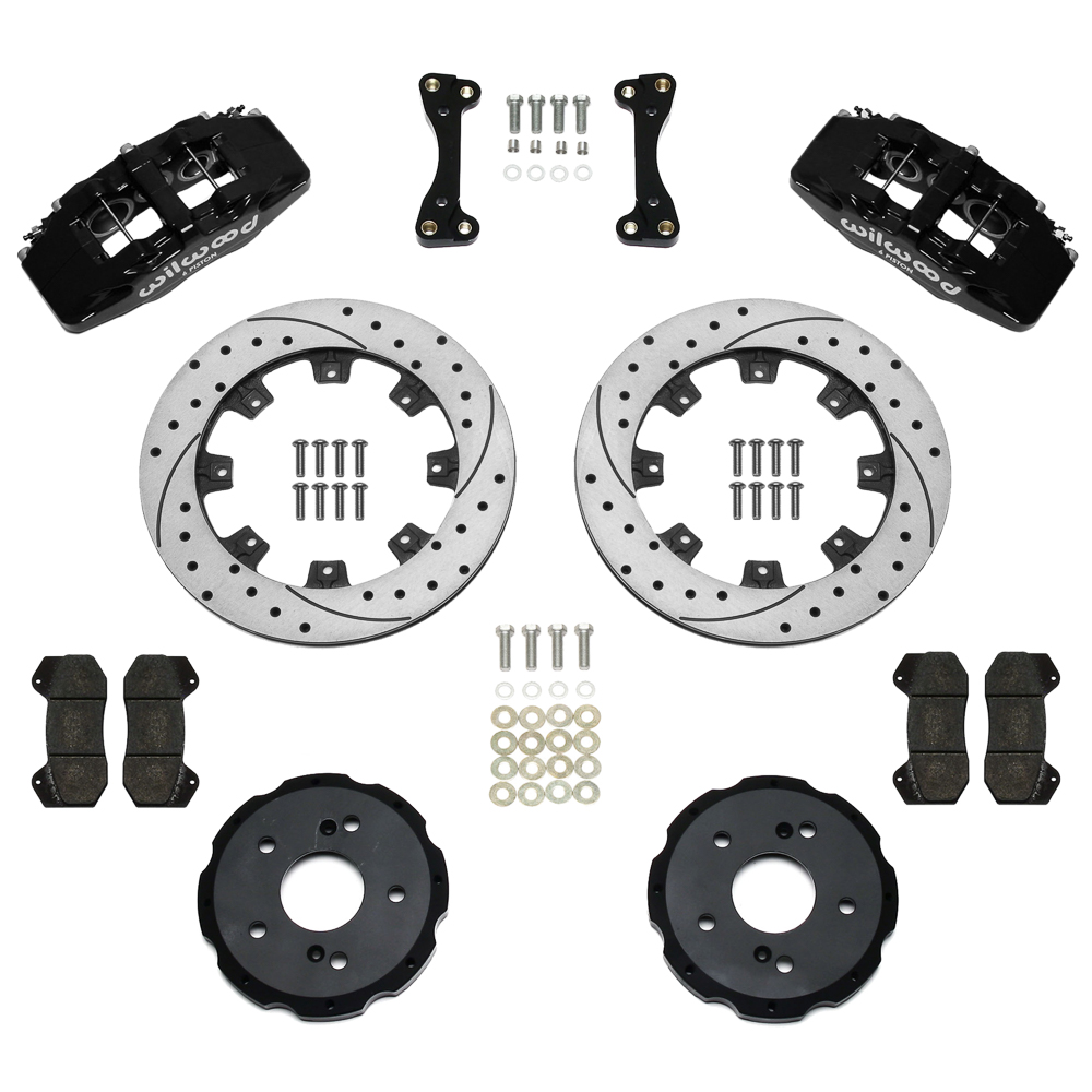 Wilwood Forged Dynapro 6 Big Brake Front Brake Kit (Hat) Parts Laid Out - Black Powder Coat Caliper - SRP Drilled & Slotted Rotor