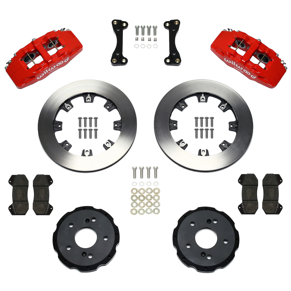 Wilwood Forged Dynapro 6 Big Brake Front Brake Kit (Hat) Parts Laid Out - Red Powder Coat Caliper - Plain Face Rotor