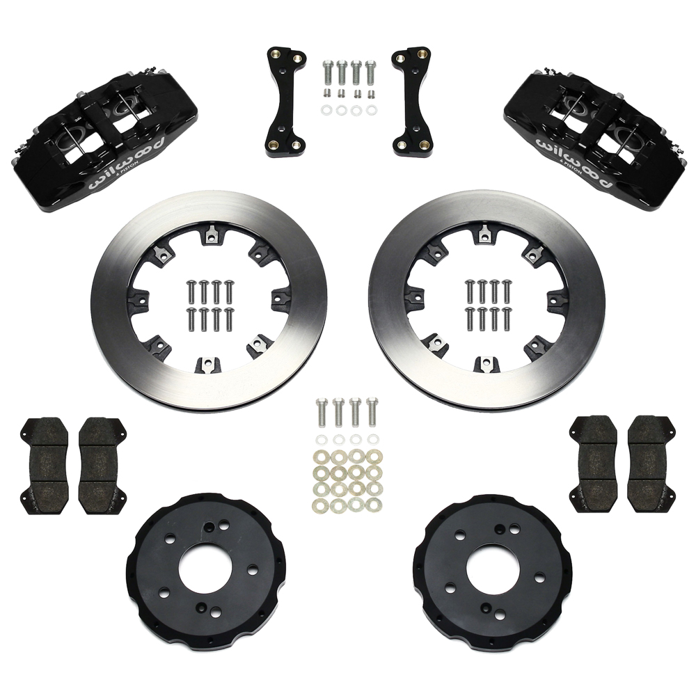 Wilwood Forged Dynapro 6 Big Brake Front Brake Kit (Hat) Parts Laid Out - Black Powder Coat Caliper - Plain Face Rotor