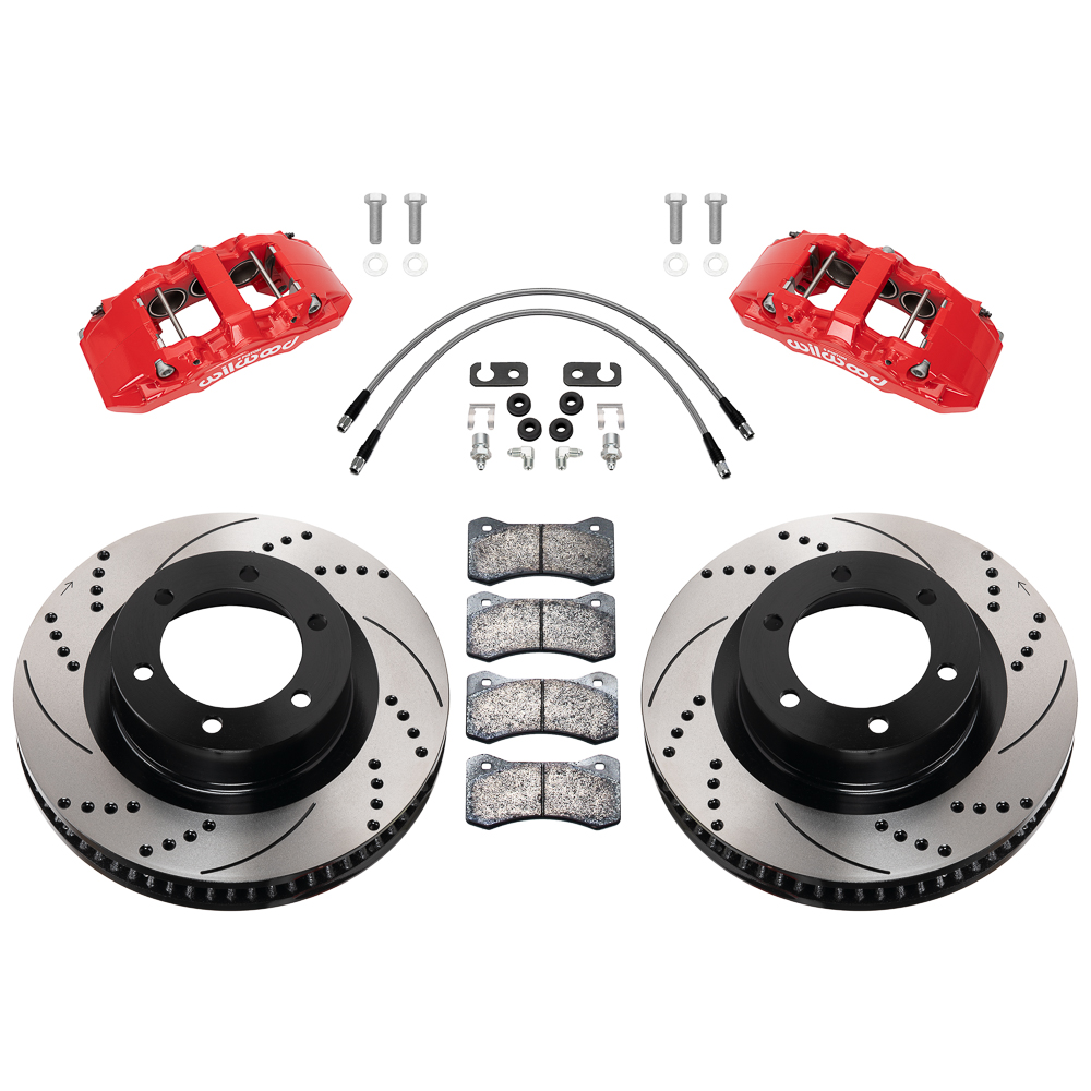 Wilwood AERO6-DM Direct-Mount Truck Front Brake Kit Parts Laid Out - Red Powder Coat Caliper - SRP Drilled & Slotted Rotor