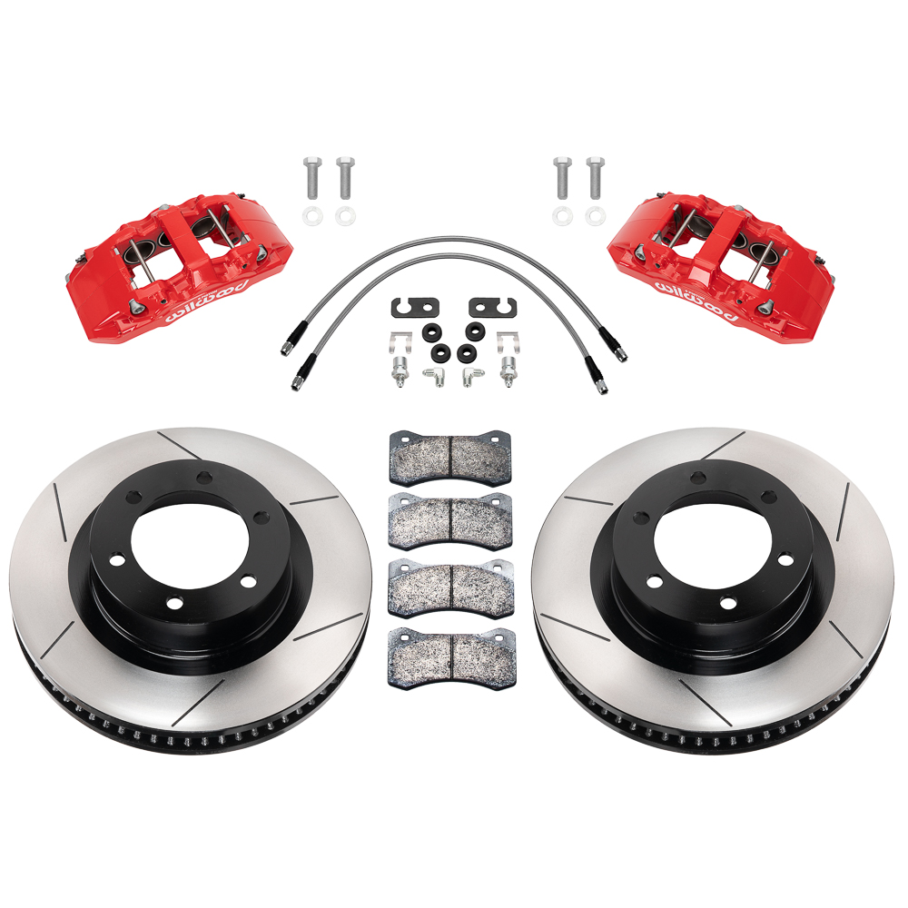 Wilwood AERO6-DM Direct-Mount Truck Front Brake Kit Parts Laid Out - Red Powder Coat Caliper - GT Slotted Rotor