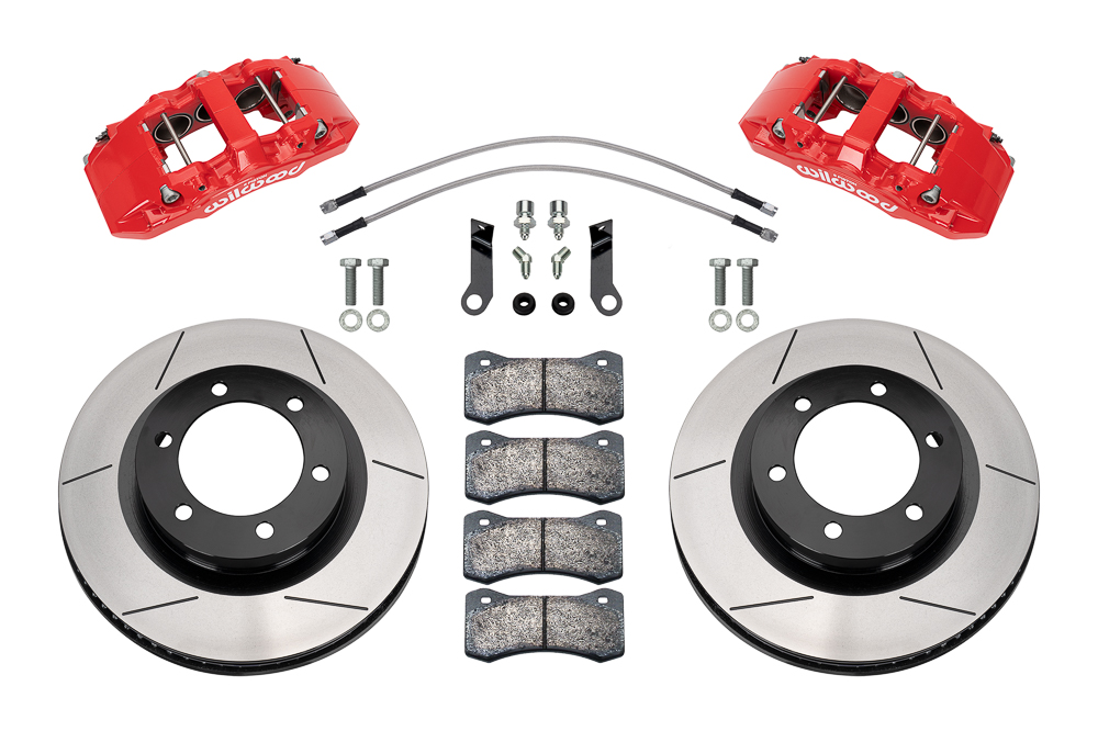 Wilwood AERO6-DM Direct-Mount Truck Front Brake Kit Parts Laid Out - Red Powder Coat Caliper - GT Slotted Rotor