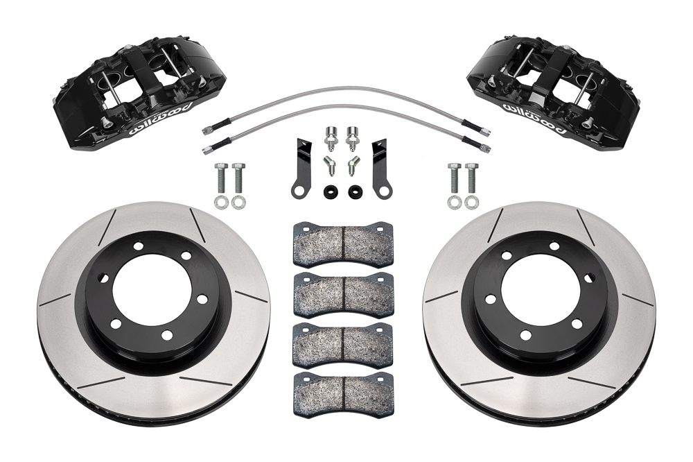 Wilwood AERO6-DM Direct-Mount Truck Front Brake Kit Parts Laid Out - Black Powder Coat Caliper - GT Slotted Rotor