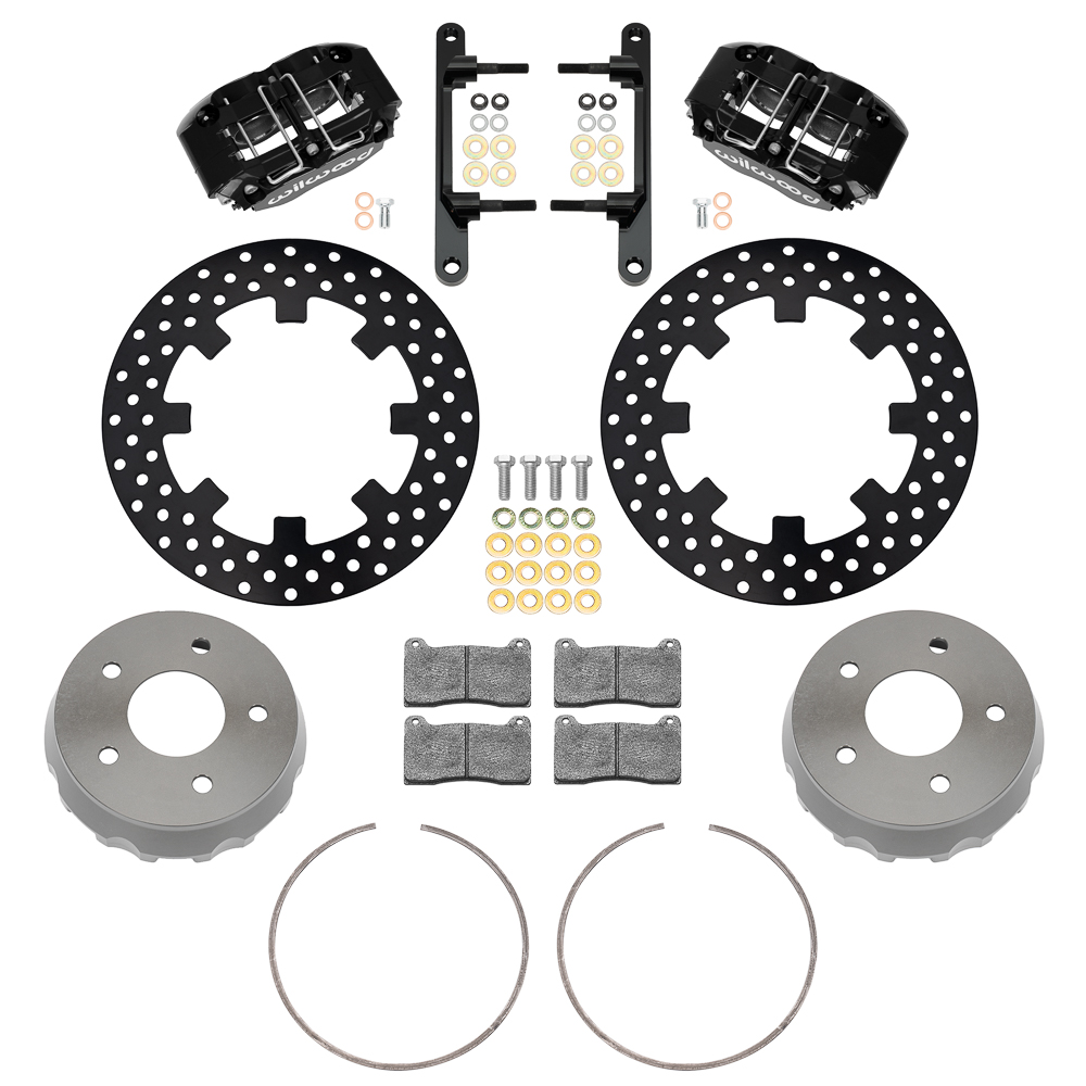Wilwood NDPR Front UTV Brake Kit Parts Laid Out - Black Powder Coat Caliper - Drilled Rotor
