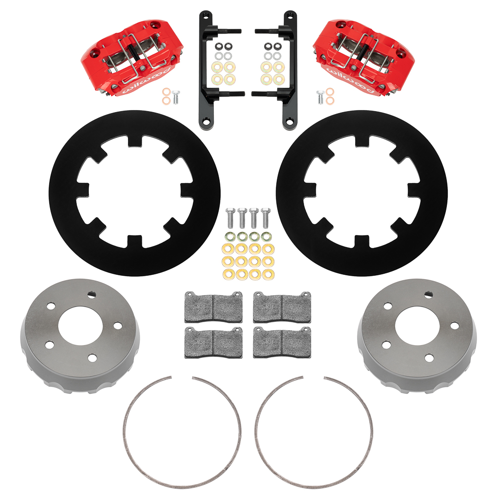 Wilwood NDPR Front UTV Brake Kit Parts Laid Out - Red Powder Coat Caliper - Plain Face Rotor