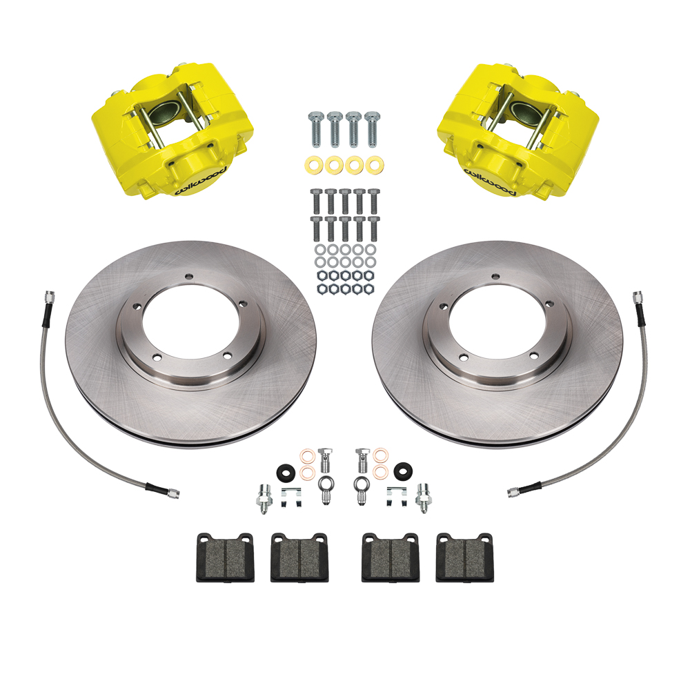 Wilwood D45 Front Brake Kit Parts Laid Out - Yellow Powder Coat Caliper - Plain Face Rotor