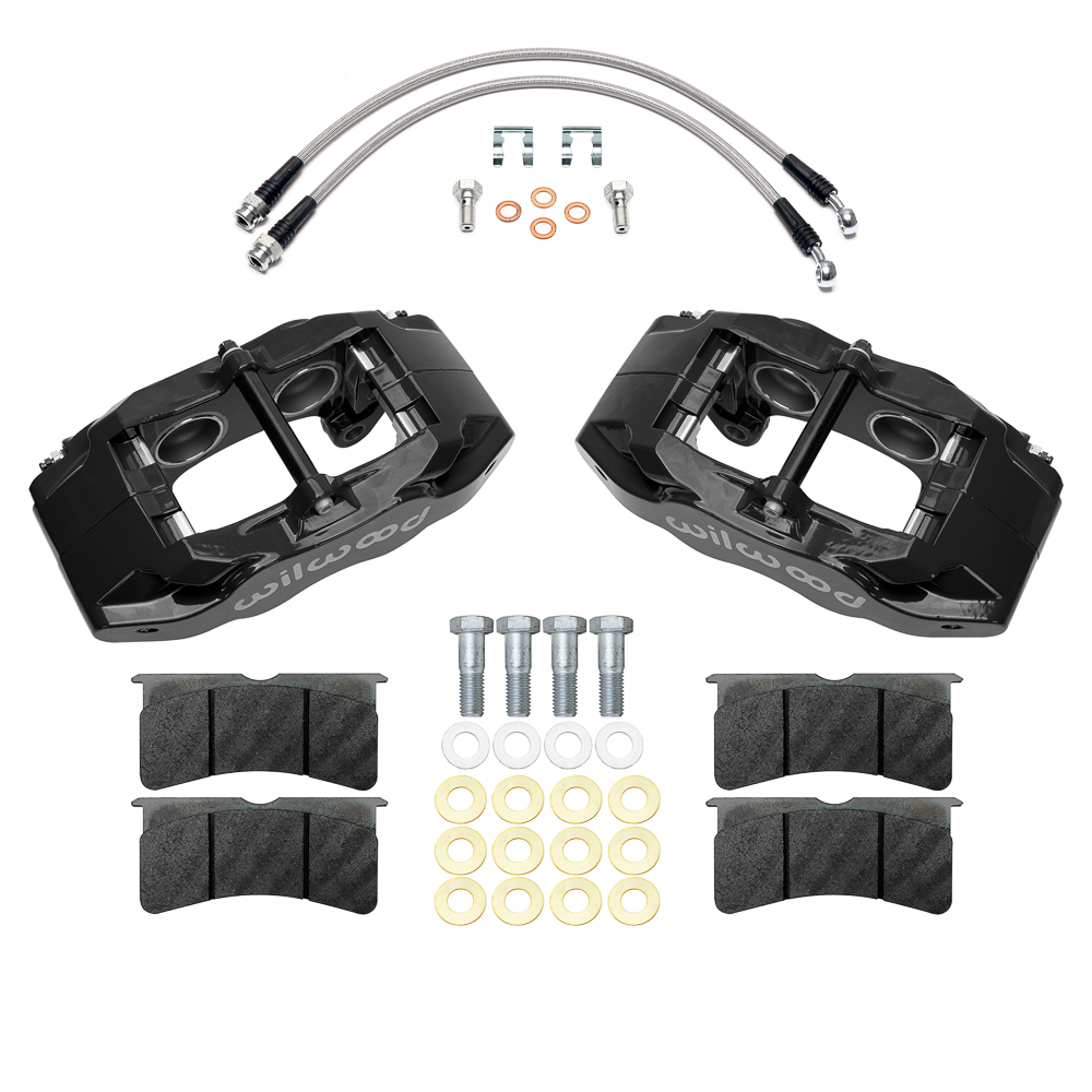 Wilwood SLC56 Front Replacement Caliper Kit Parts Laid Out - Black Powder Coat Caliper