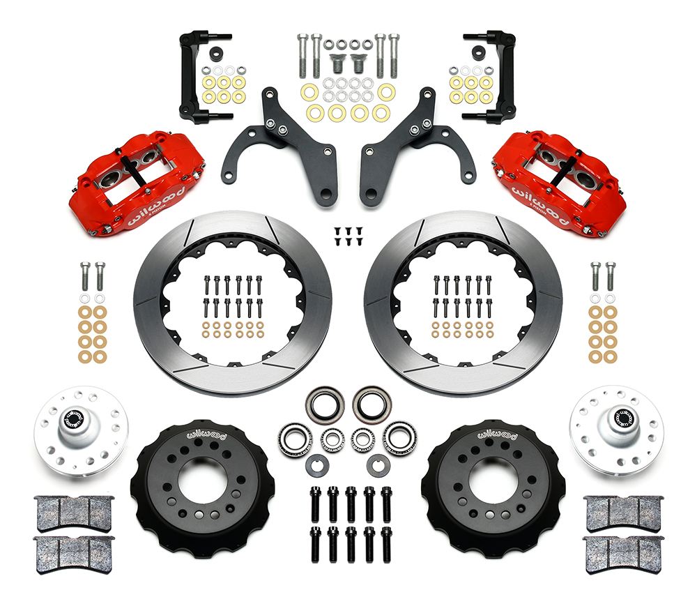 Wilwood Forged Narrow Superlite 6R Big Brake Front Brake Kit (Hub) Parts Laid Out - Red Powder Coat Caliper - GT Slotted Rotor