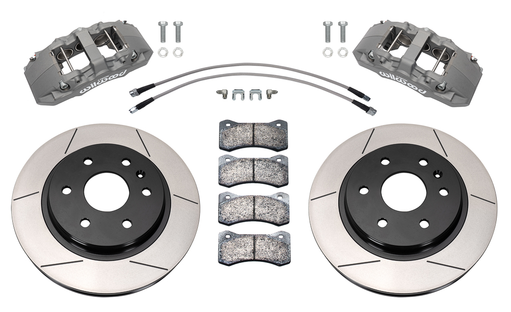 Wilwood AERO6-DM Direct-Mount Armored Vehicle Front Brake Kit Parts Laid Out - Type III Anodize Caliper - GT Slotted Rotor