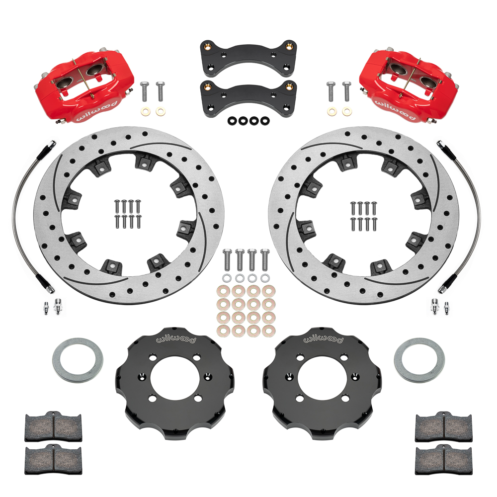 Wilwood Forged Dynalite Big Brake Front Brake Kit (Hat) Parts Laid Out - Red Powder Coat Caliper - SRP Drilled & Slotted Rotor