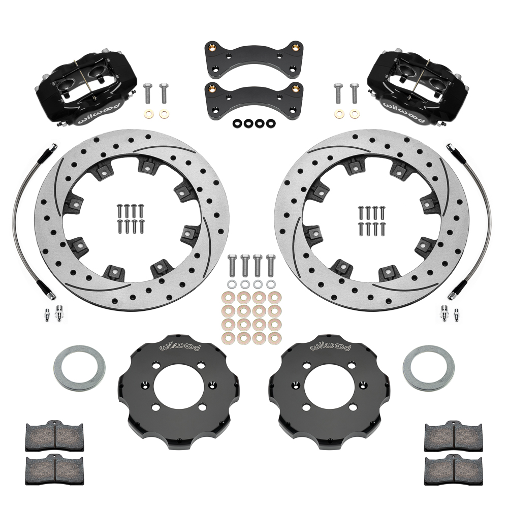 Wilwood Forged Dynalite Big Brake Front Brake Kit (Hat) Parts Laid Out - Black Powder Coat Caliper - SRP Drilled & Slotted Rotor