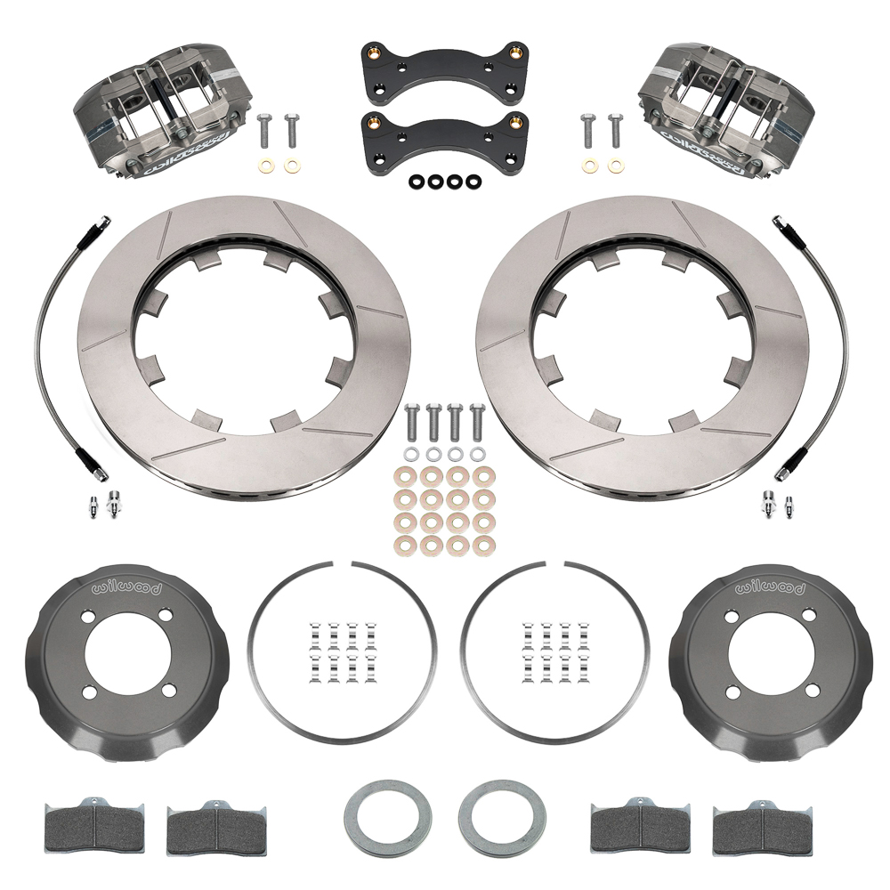 Wilwood Forged Dynapro Big Brake Front Brake Kit (Race) Parts Laid Out - Type III Anodize Caliper - GT Slotted Rotor