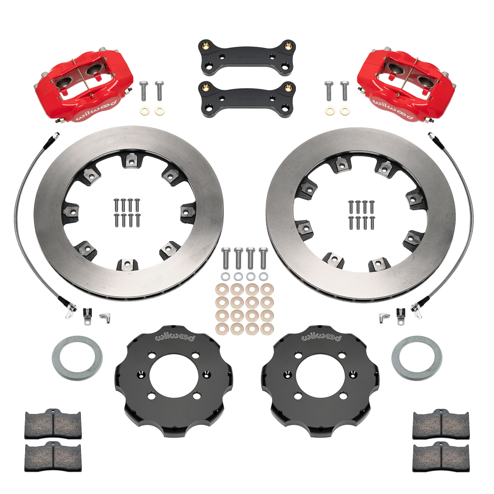Wilwood Forged Dynalite Big Brake Front Brake Kit (Hat) Parts Laid Out - Red Powder Coat Caliper - Plain Face Rotor