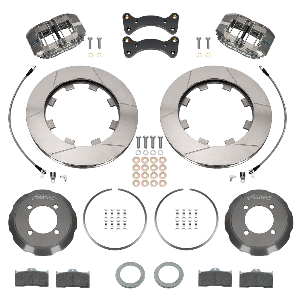Wilwood Forged Dynapro Big Brake Front Brake Kit (Race) Parts Laid Out - Type III Anodize Caliper - GT Slotted Rotor