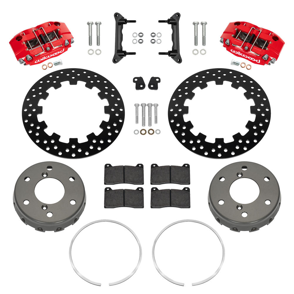 Wilwood NDPR Front UTV Brake Kit Parts Laid Out - Red Powder Coat Caliper - Drilled Rotor