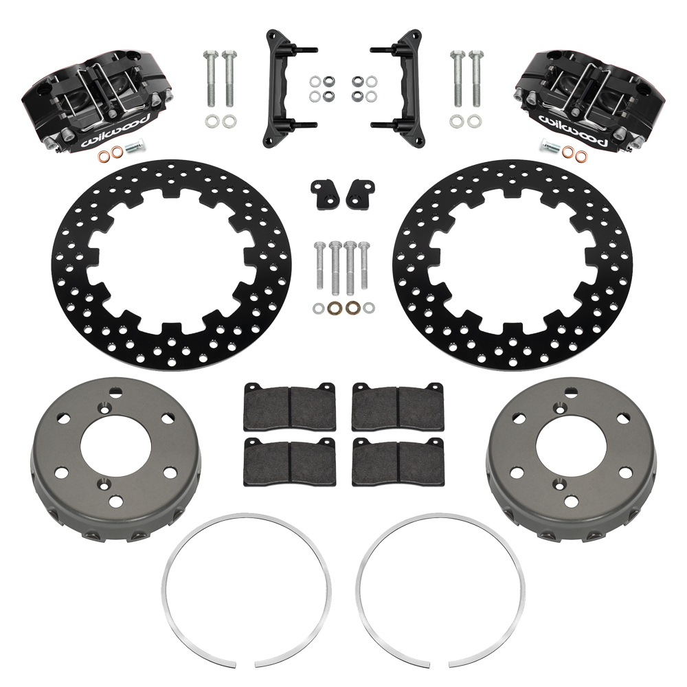 Wilwood NDPR Front UTV Brake Kit Parts Laid Out - Black Powder Coat Caliper - Drilled Rotor