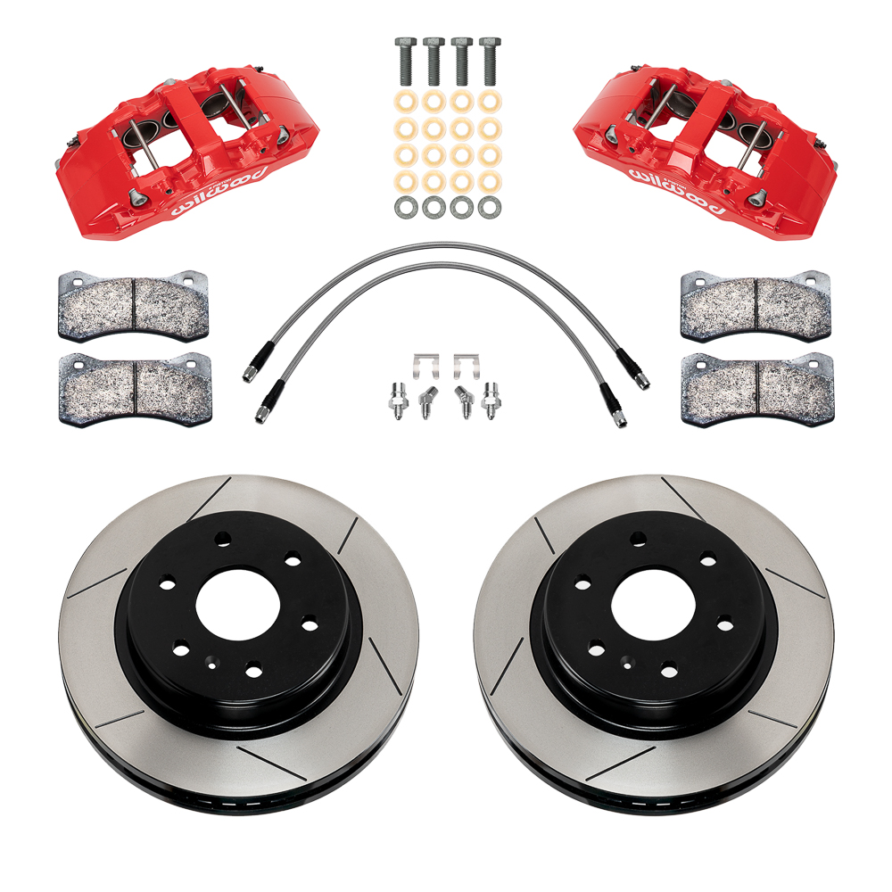 Wilwood AERO6-DM Direct-Mount Truck Front Brake Kit Parts Laid Out - Red Powder Coat Caliper - GT Slotted Rotor