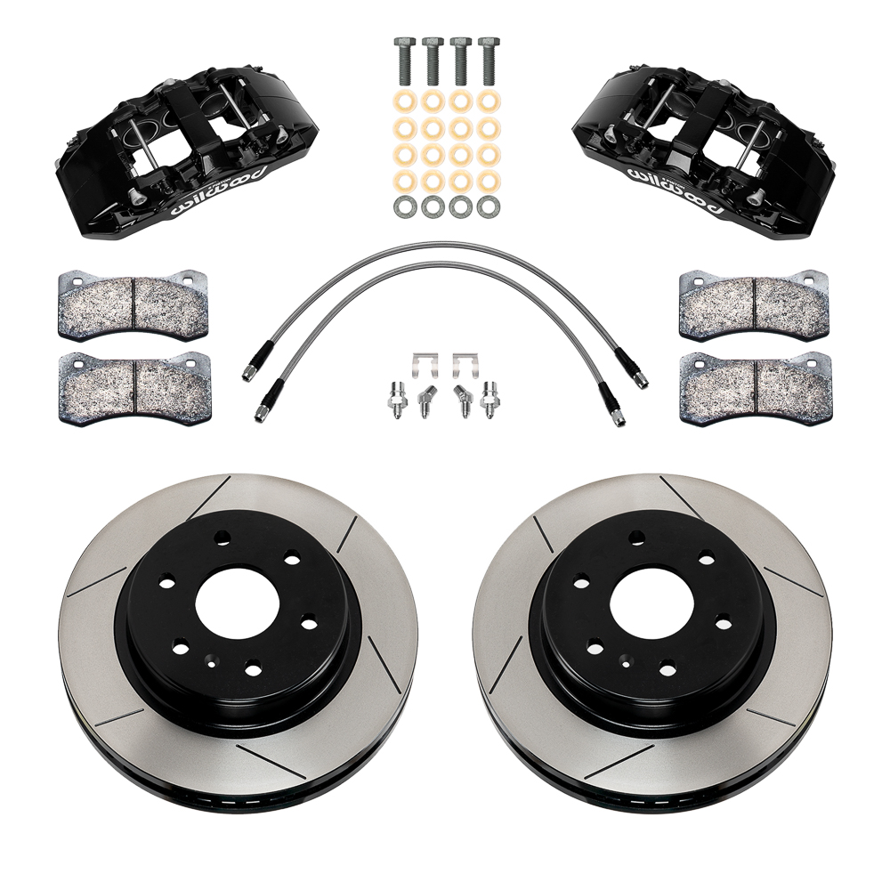 Wilwood AERO6-DM Direct-Mount Truck Front Brake Kit Parts Laid Out - Black Powder Coat Caliper - GT Slotted Rotor