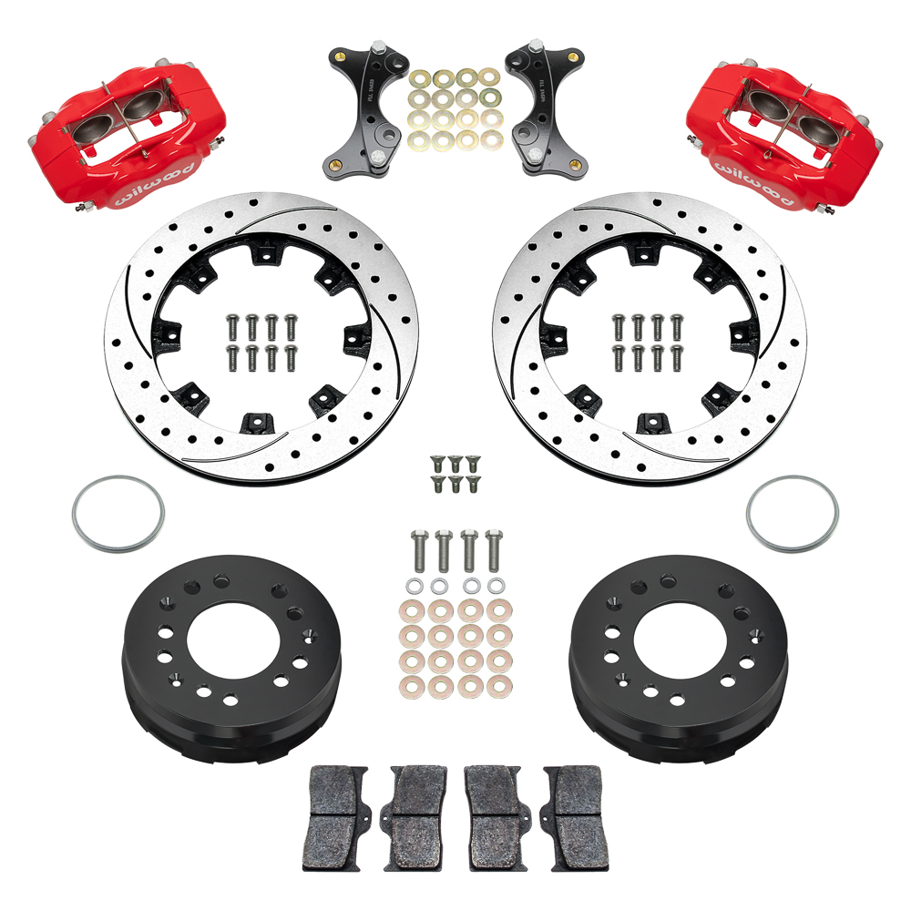 Wilwood Forged Dynalite Big Brake Front Brake Kit (Hat) Parts Laid Out - Red Powder Coat Caliper - SRP Drilled & Slotted Rotor