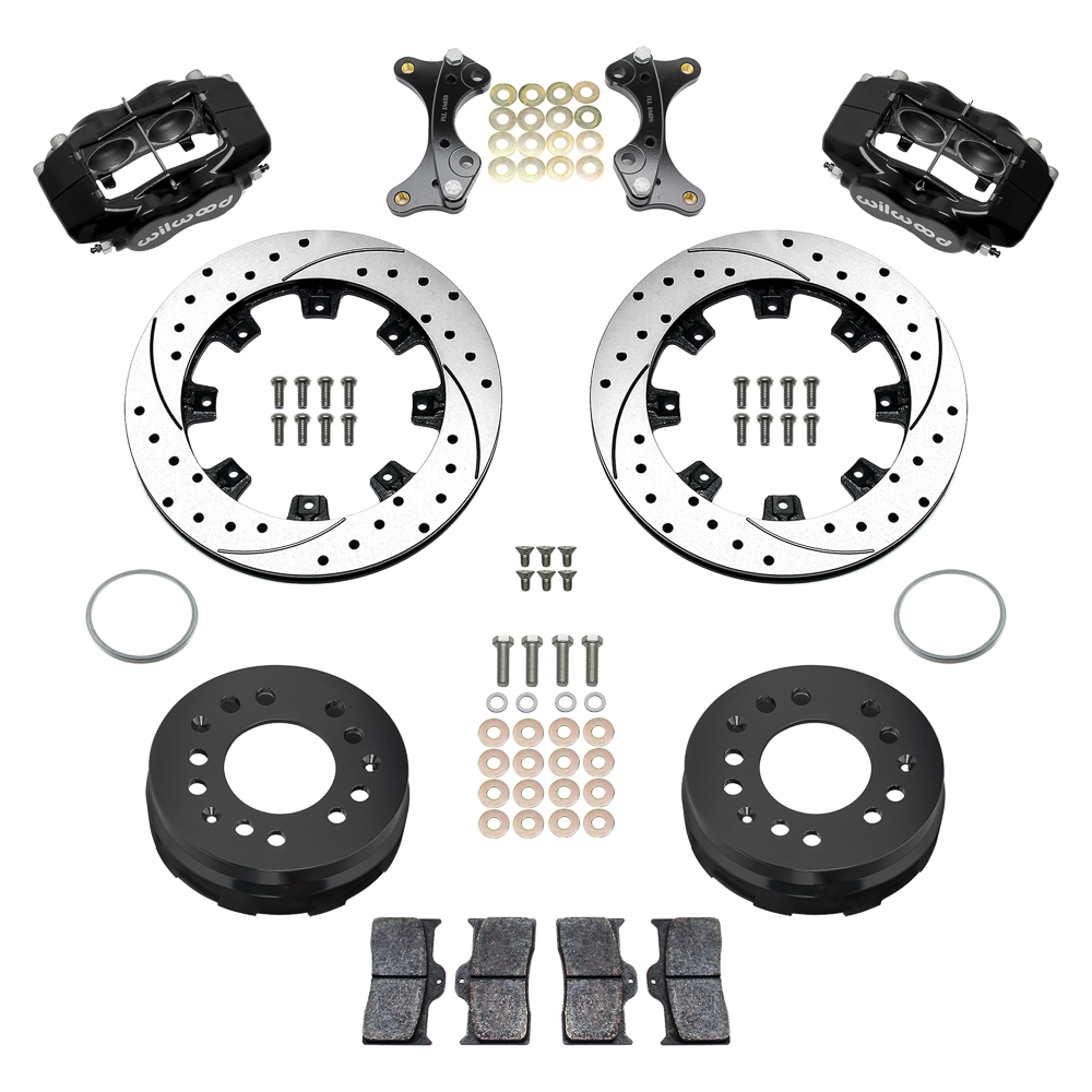 Wilwood Forged Dynalite Big Brake Front Brake Kit (Hat) Parts Laid Out - Black Powder Coat Caliper - SRP Drilled & Slotted Rotor