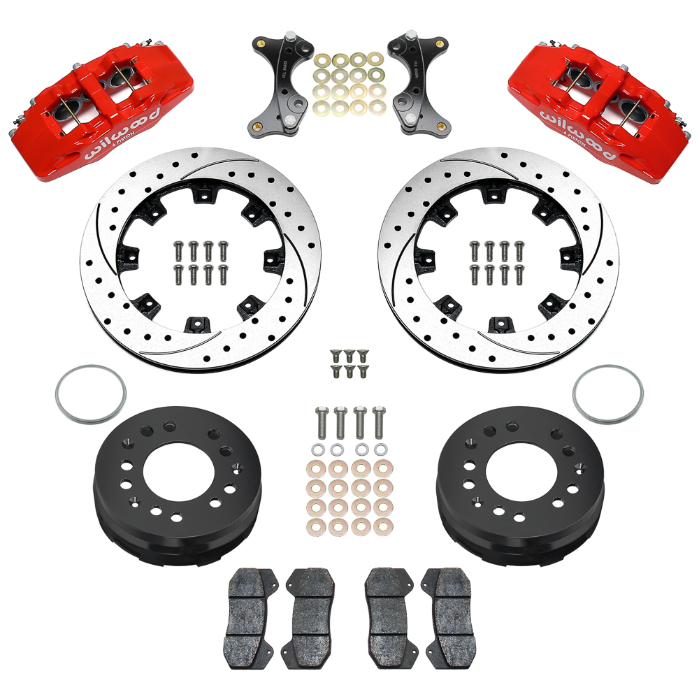 Wilwood Forged Dynapro 6 Big Brake Front Brake Kit (Hat) Parts Laid Out - Red Powder Coat Caliper - SRP Drilled & Slotted Rotor