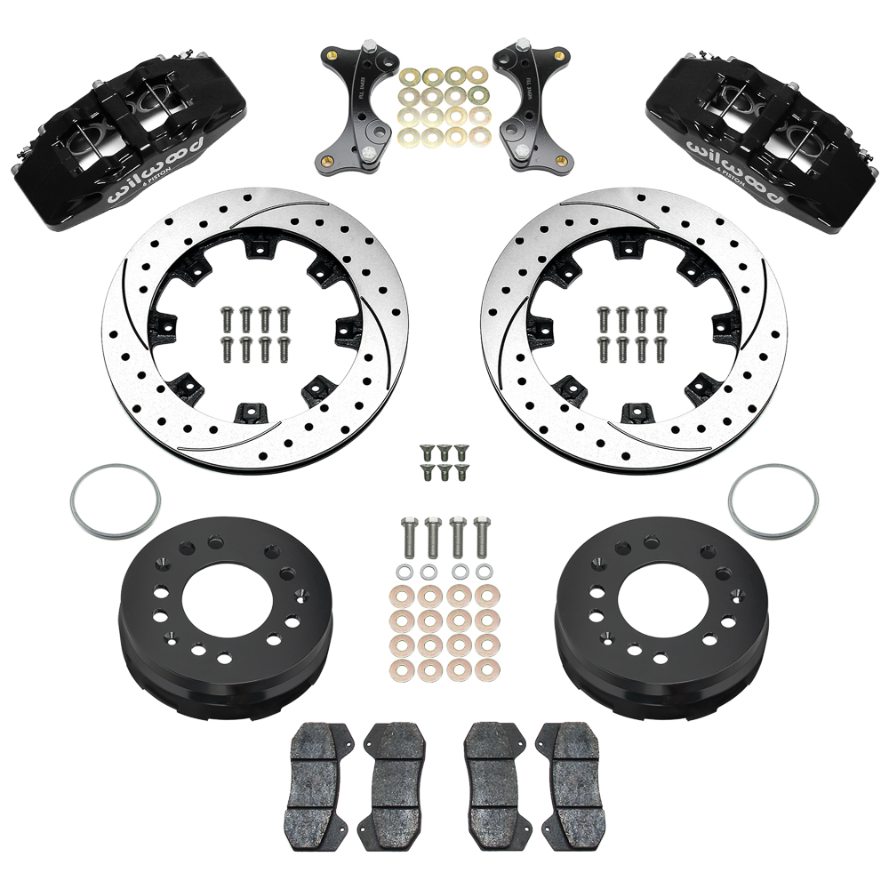 Wilwood Forged Dynapro 6 Big Brake Front Brake Kit (Hat) Parts Laid Out - Black Powder Coat Caliper - SRP Drilled & Slotted Rotor