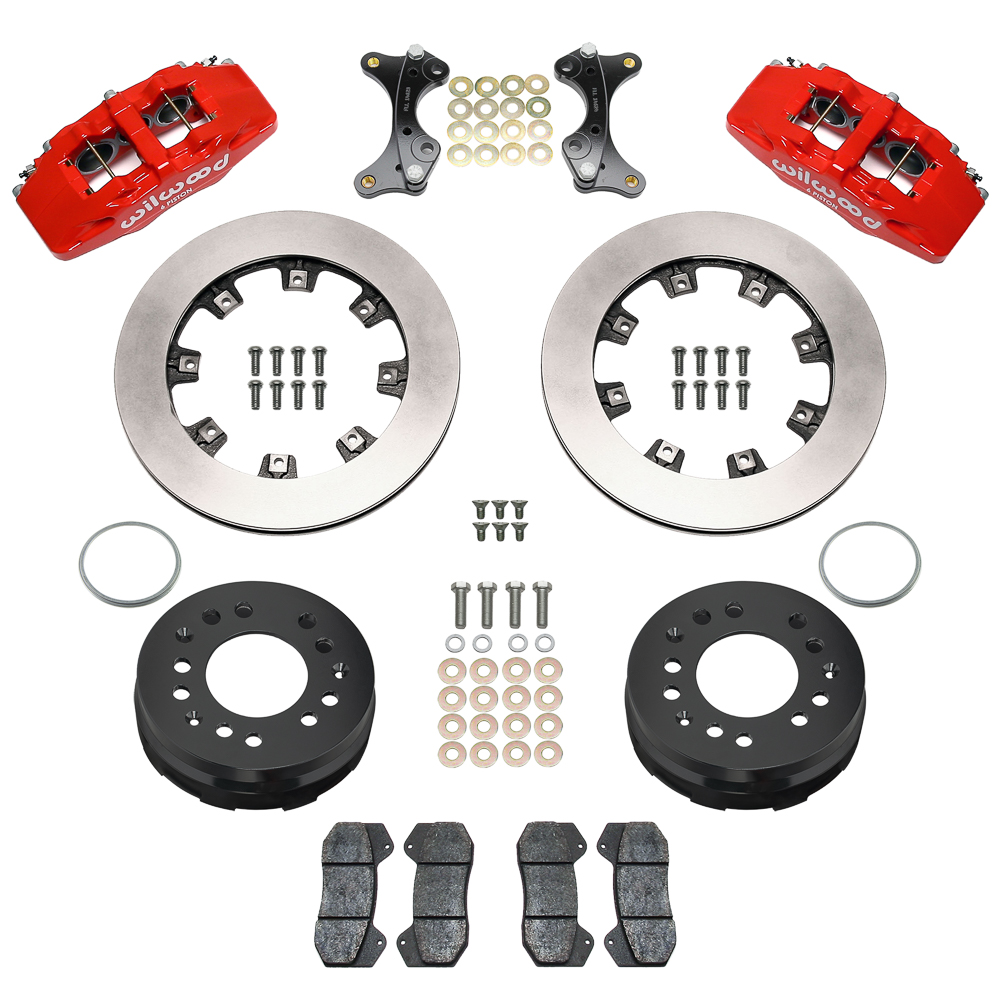 Wilwood Forged Dynapro 6 Big Brake Front Brake Kit (Hat) Parts Laid Out - Red Powder Coat Caliper - Plain Face Rotor