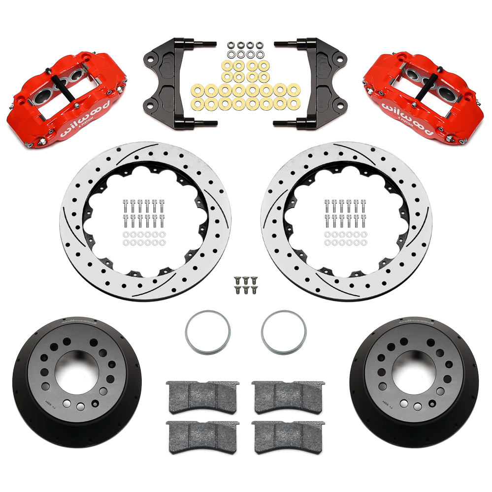 Wilwood Forged Narrow Superlite 6R Big Brake Front Brake Kit (Hat) Parts Laid Out - Red Powder Coat Caliper - SRP Drilled & Slotted Rotor