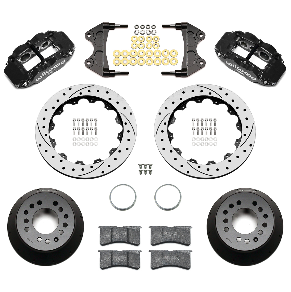 Wilwood Forged Narrow Superlite 6R Big Brake Front Brake Kit (Hat) Parts Laid Out - Black Powder Coat Caliper - SRP Drilled & Slotted Rotor